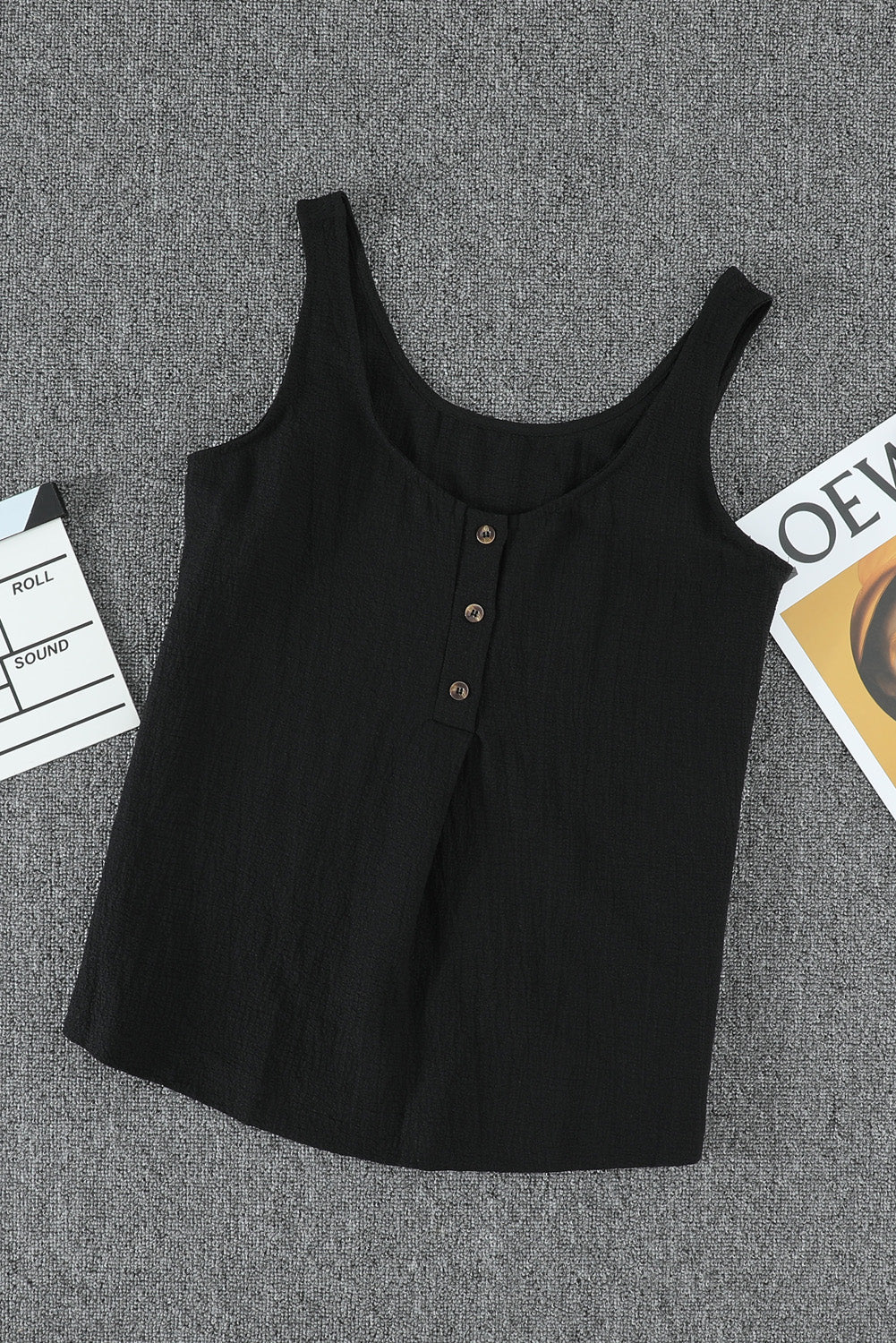 White Scoop Neck Loose Fit Button Front Tank Top for Women
