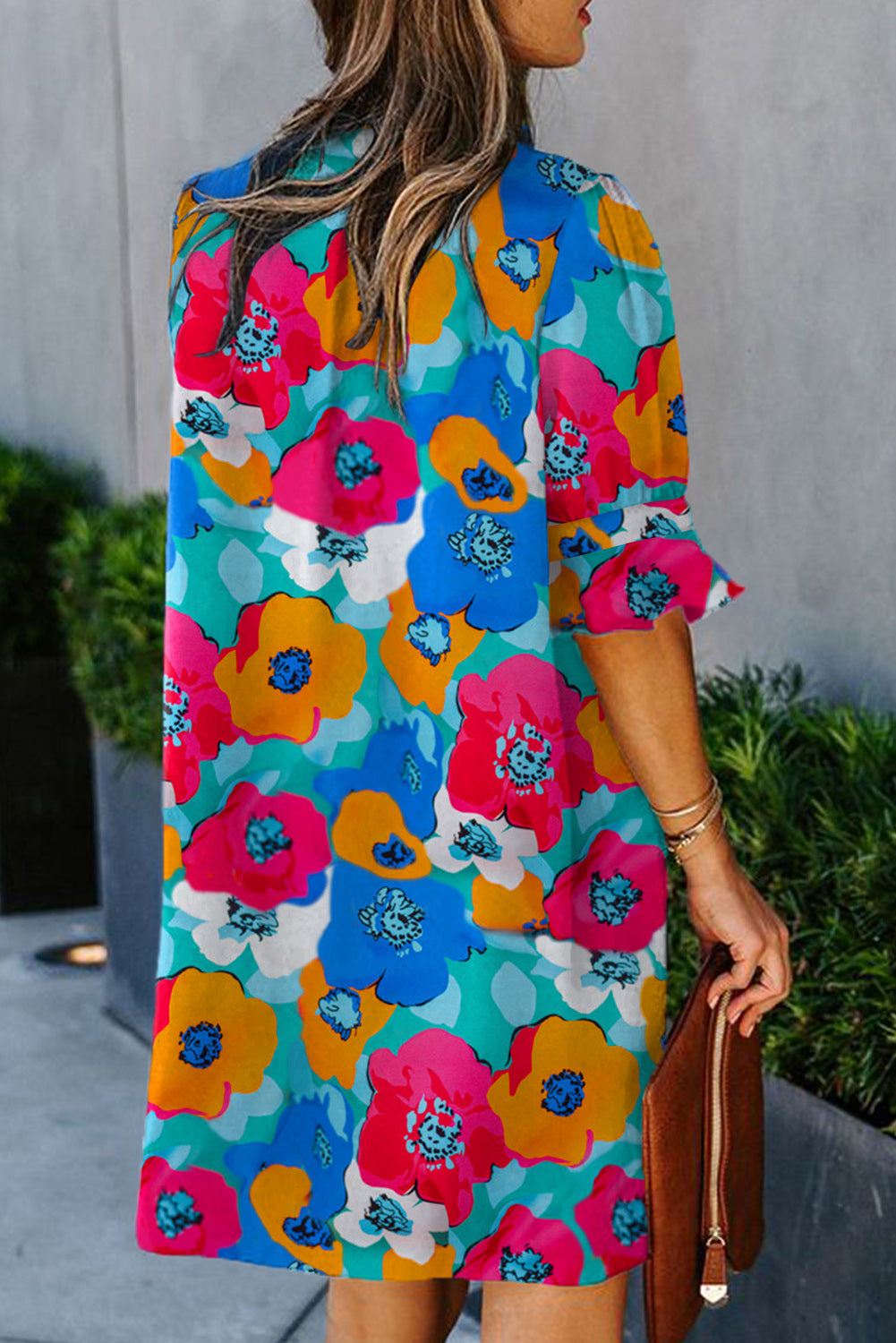 Rose Floral Print Mandarin Collar Short Sleeve Tunic Dress