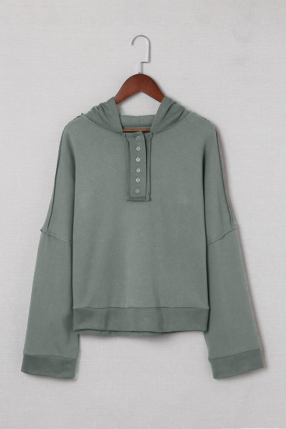 Khaki Solid Casual Button Patchwork Seam Trim Hoodie