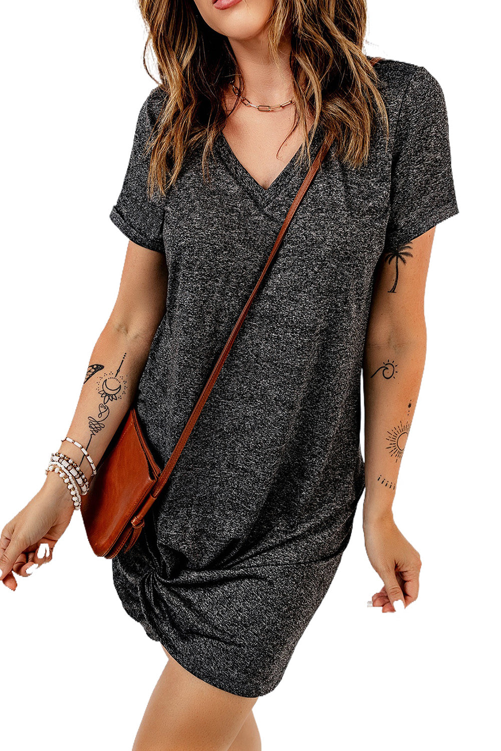 Asymmetrical Twist Hem V Neck Blue Casual T Shirt Summer Dress