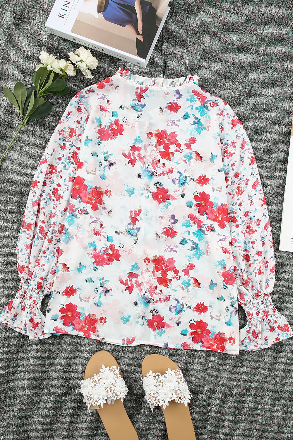 Red Floral Print Boho Tie Front Long Sleeve Blouse for Women