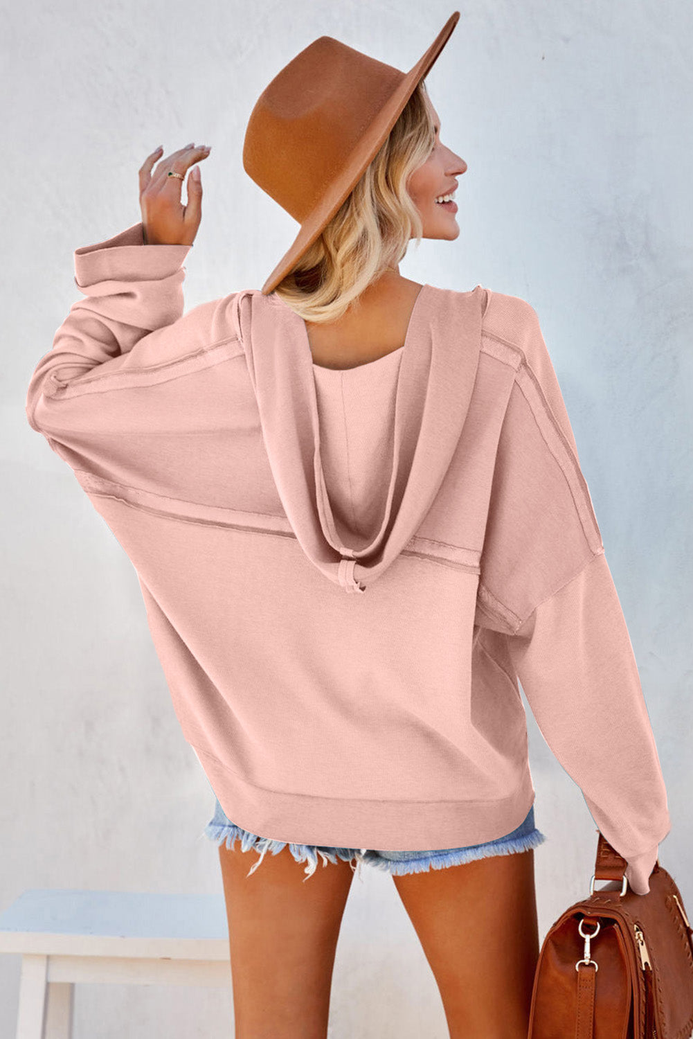Khaki Solid Casual Button Patchwork Seam Trim Hoodie