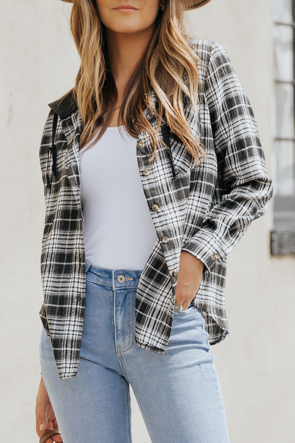Black Plaid Drawstring Hooded Shacket