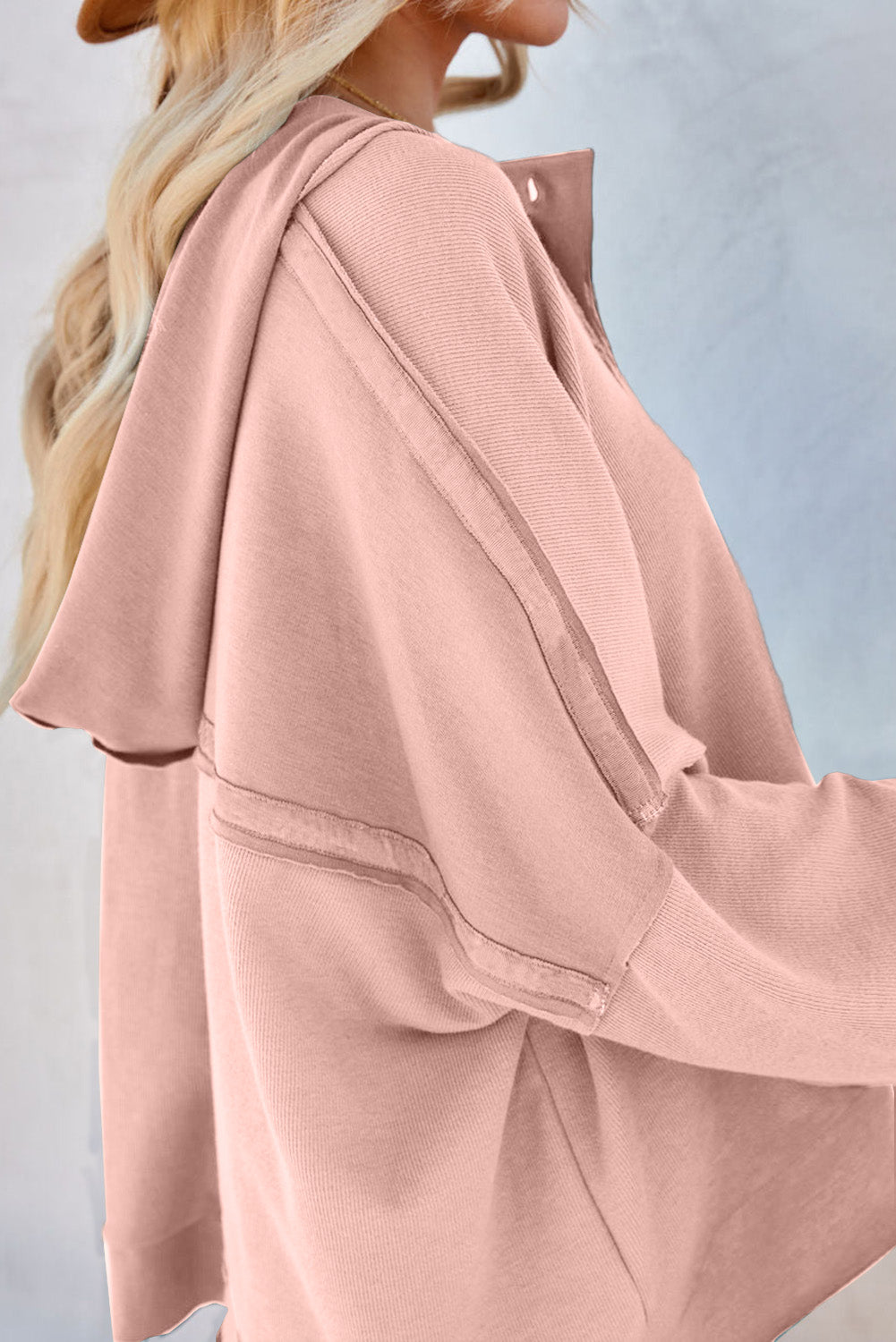 Khaki Solid Casual Button Patchwork Seam Trim Hoodie