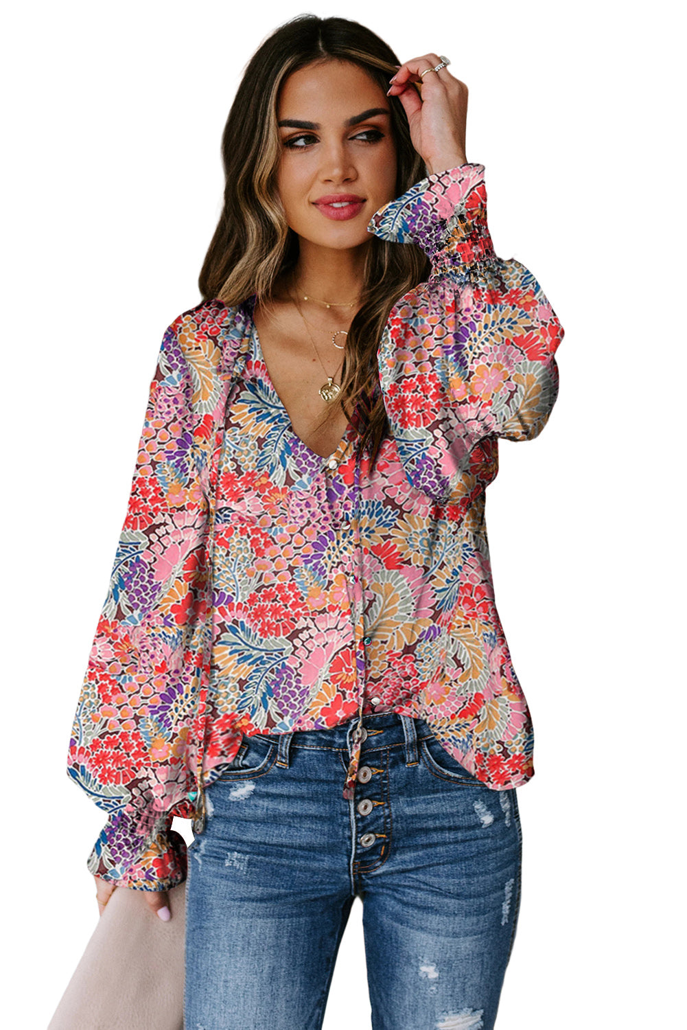 Red Floral Print Boho Tie Front Long Sleeve Blouse for Women