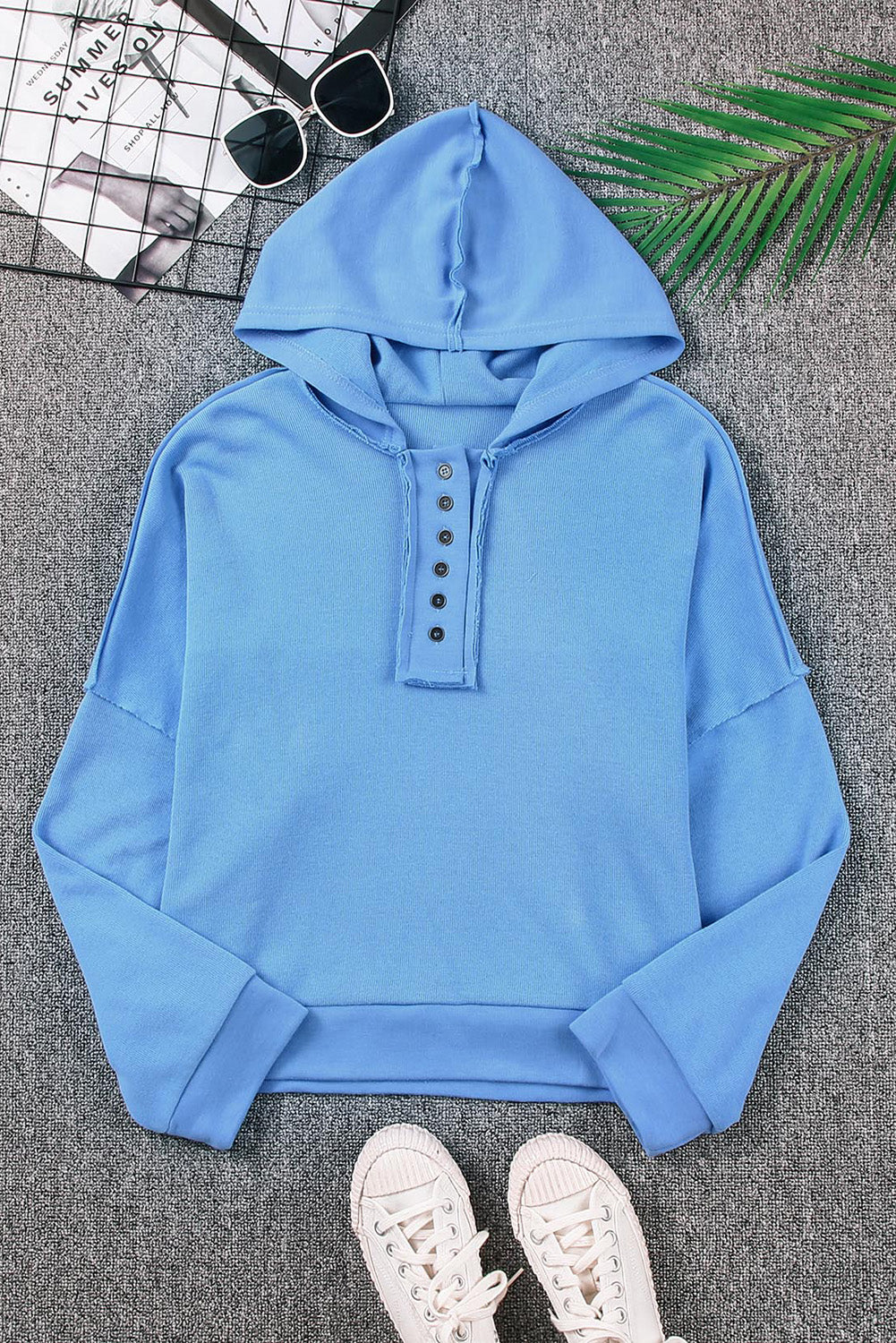 Khaki Solid Casual Button Patchwork Seam Trim Hoodie