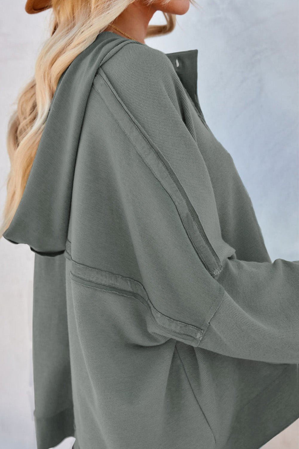 Khaki Solid Casual Button Patchwork Seam Trim Hoodie
