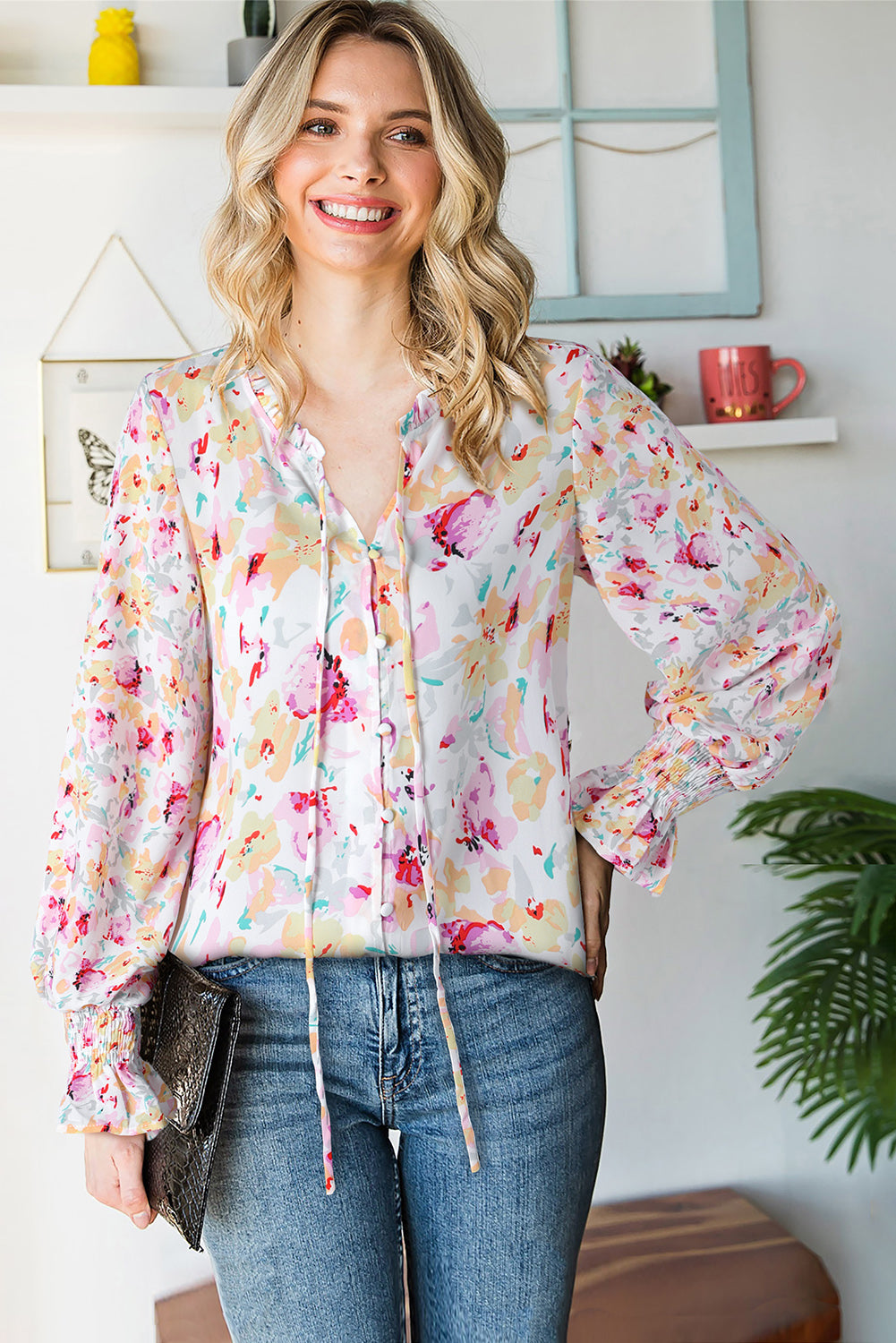 Red Floral Print Boho Tie Front Long Sleeve Blouse for Women