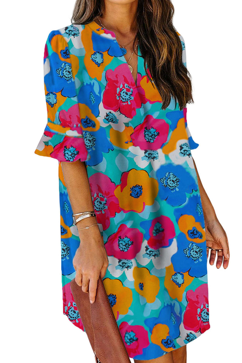 Rose Floral Print Mandarin Collar Short Sleeve Tunic Dress
