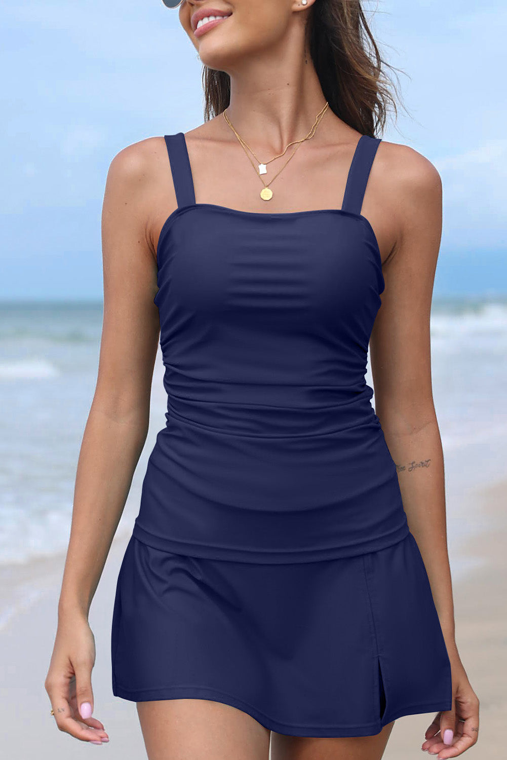 Blue Square Neck Adjustable Strap Ruched Tankini Swimsuit
