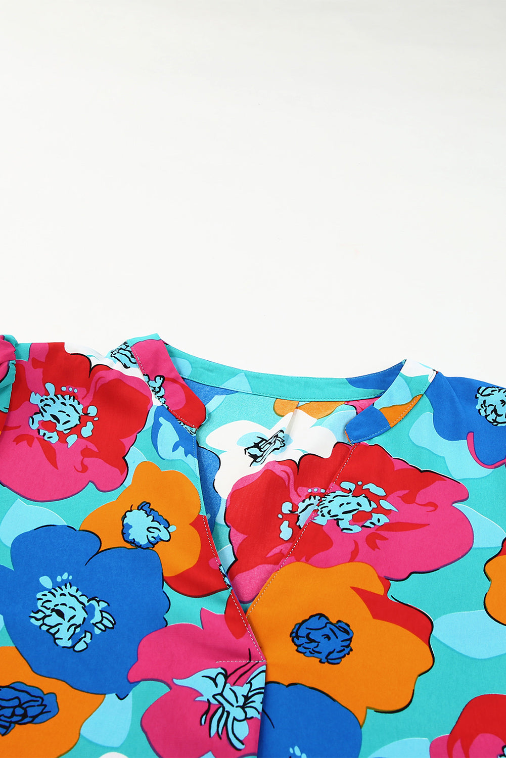 Rose Floral Print Mandarin Collar Short Sleeve Tunic Dress
