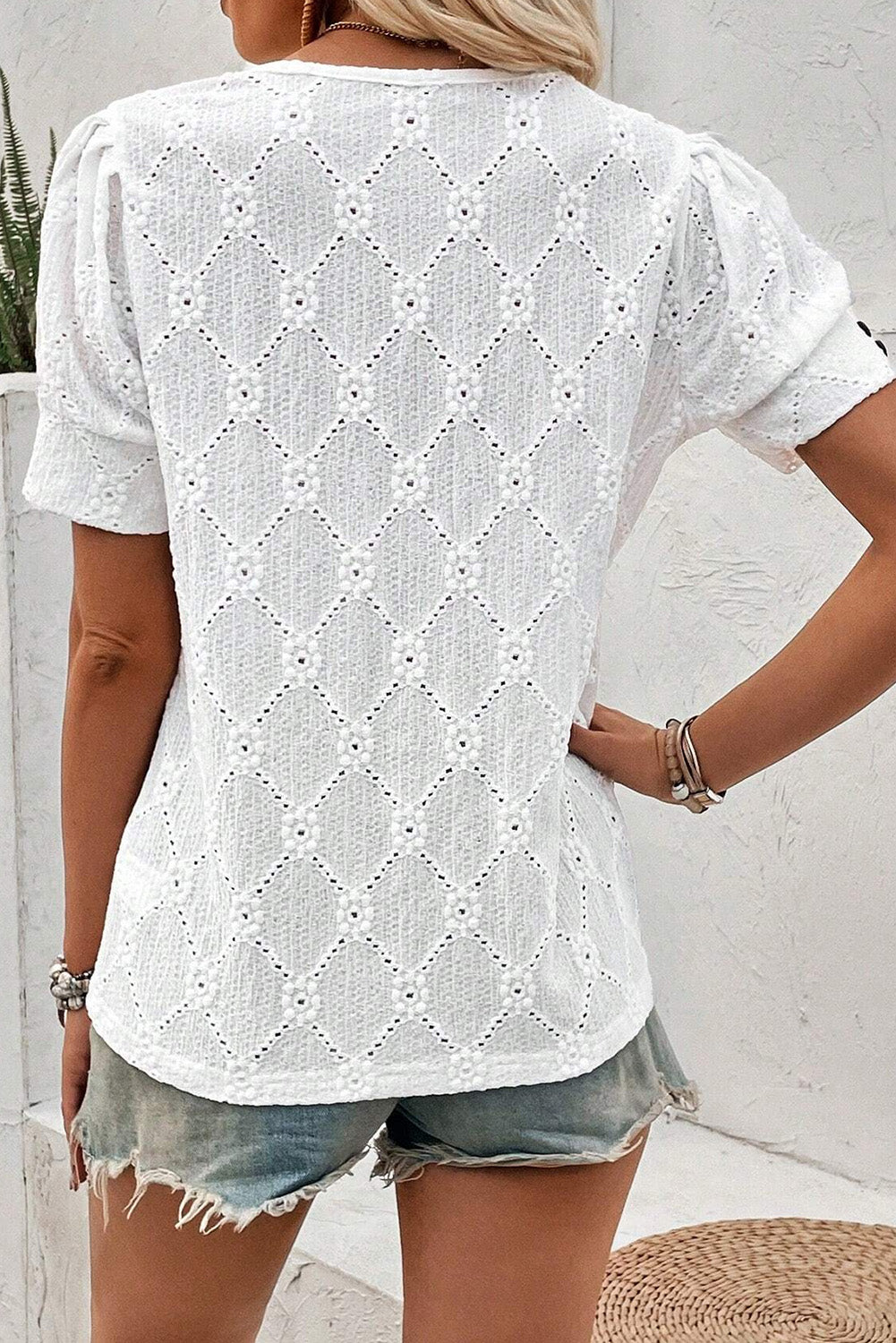 White Eyelet Embroidered Short Puff Sleeve Blouse