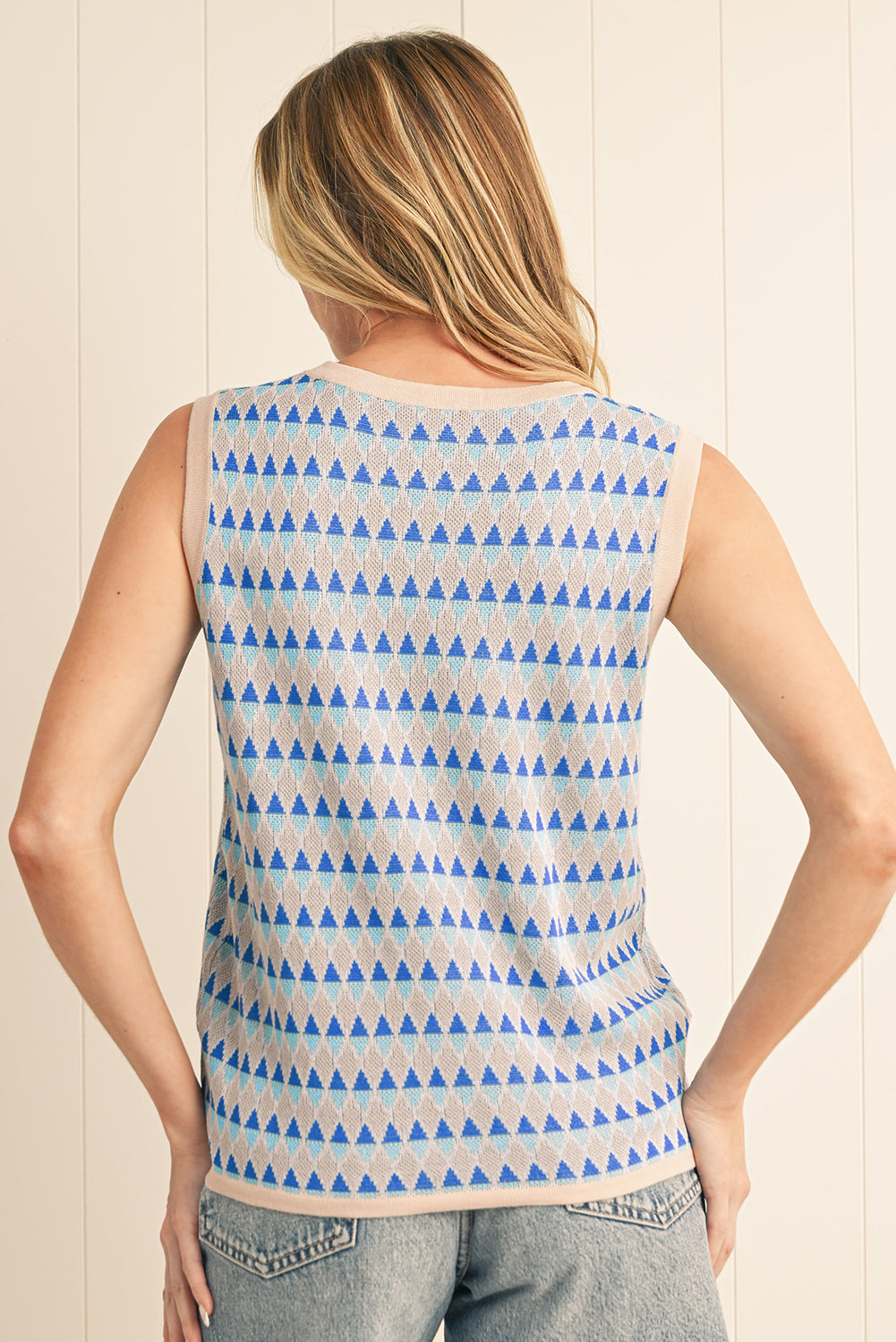 Sky Blue Stripe Geometric Print Round Neck Slim Fit Sweater Vest