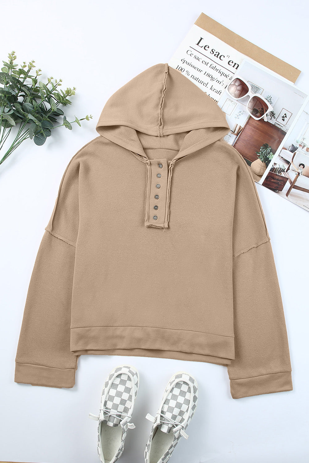 Khaki Solid Casual Button Patchwork Seam Trim Hoodie