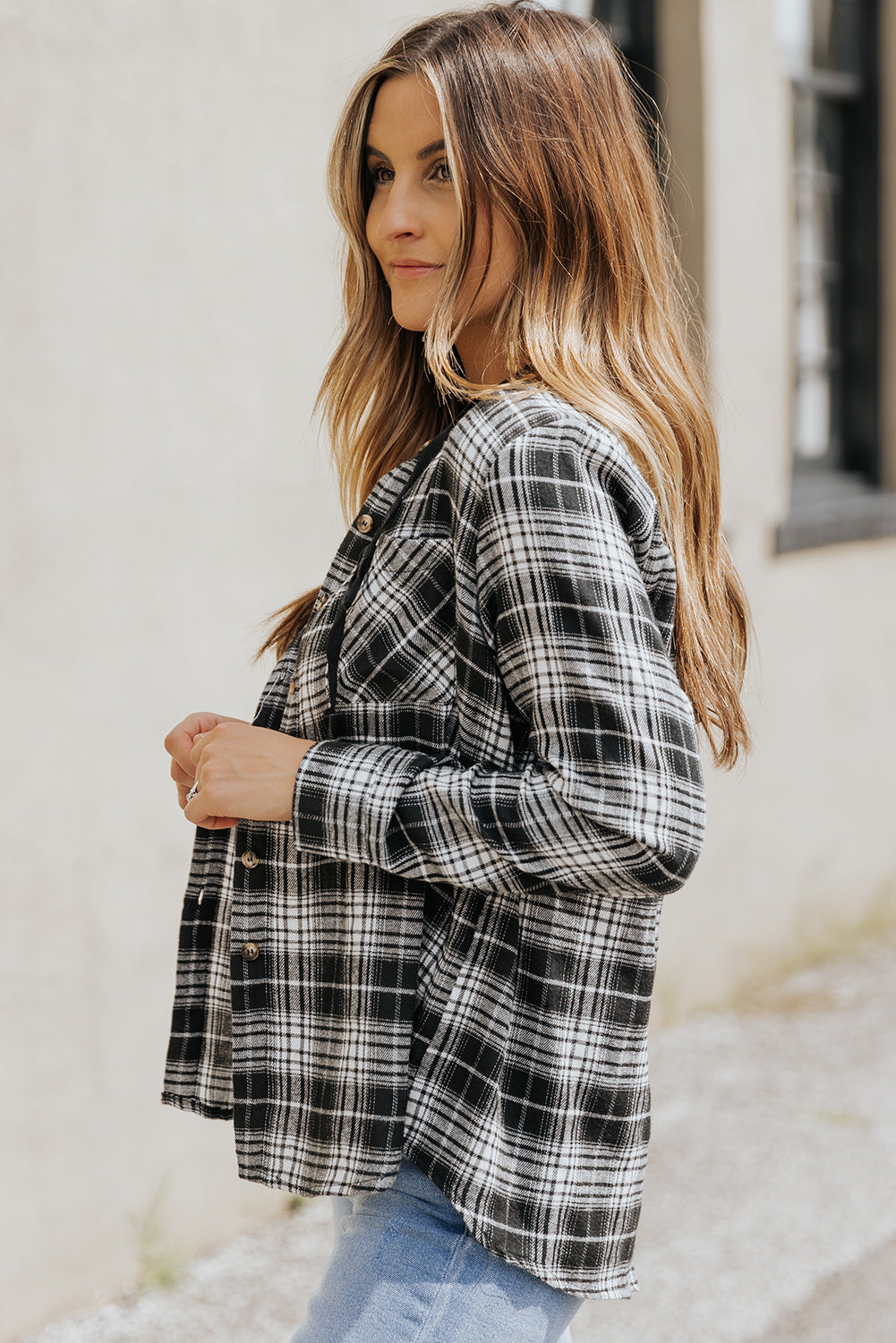 Black Plaid Drawstring Hooded Shacket