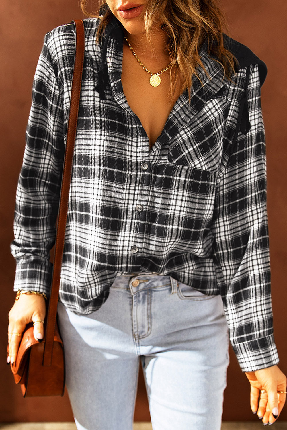 Black Plaid Drawstring Hooded Shacket