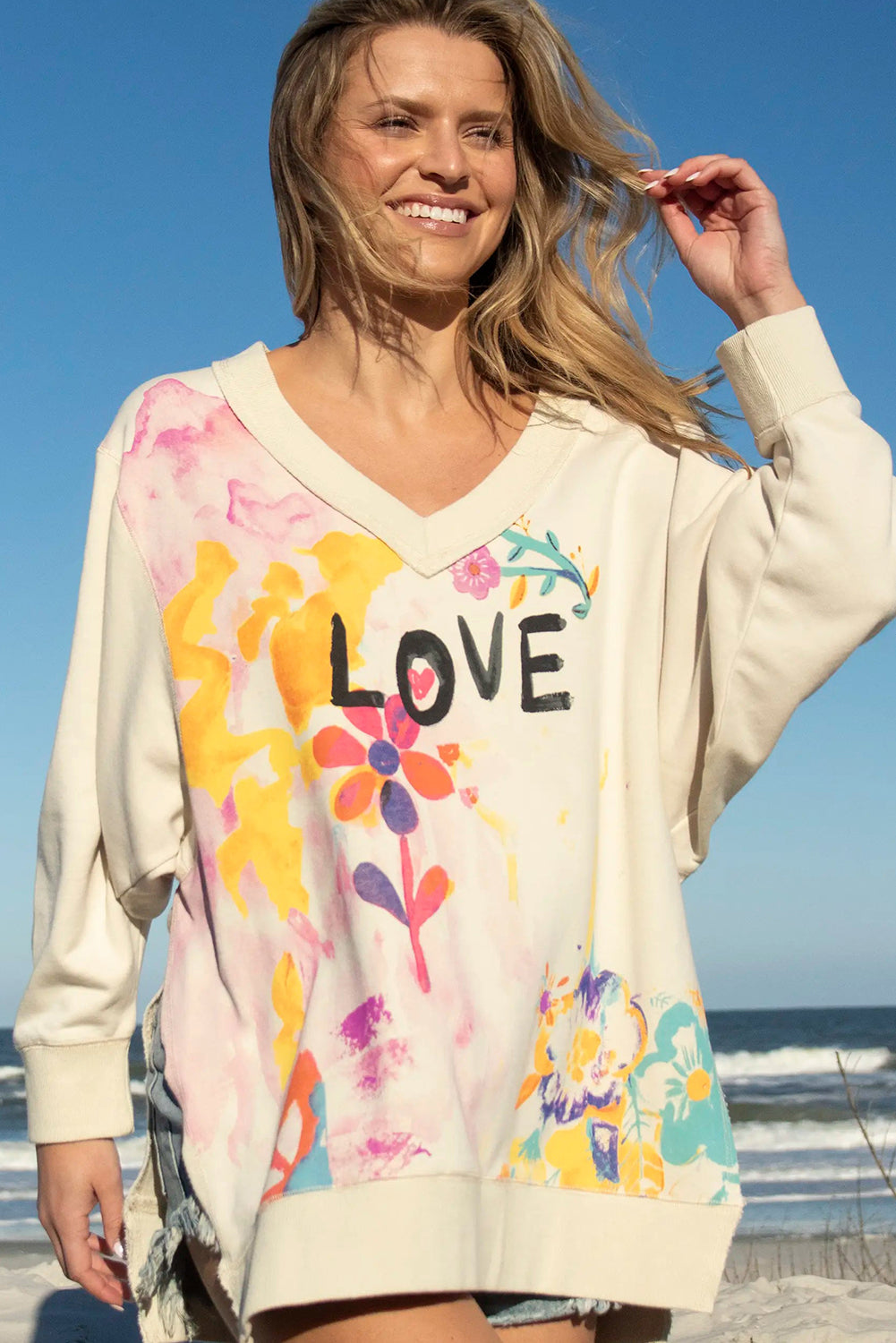 White Cute Letter Print V Neck Long Sleeve Blouse