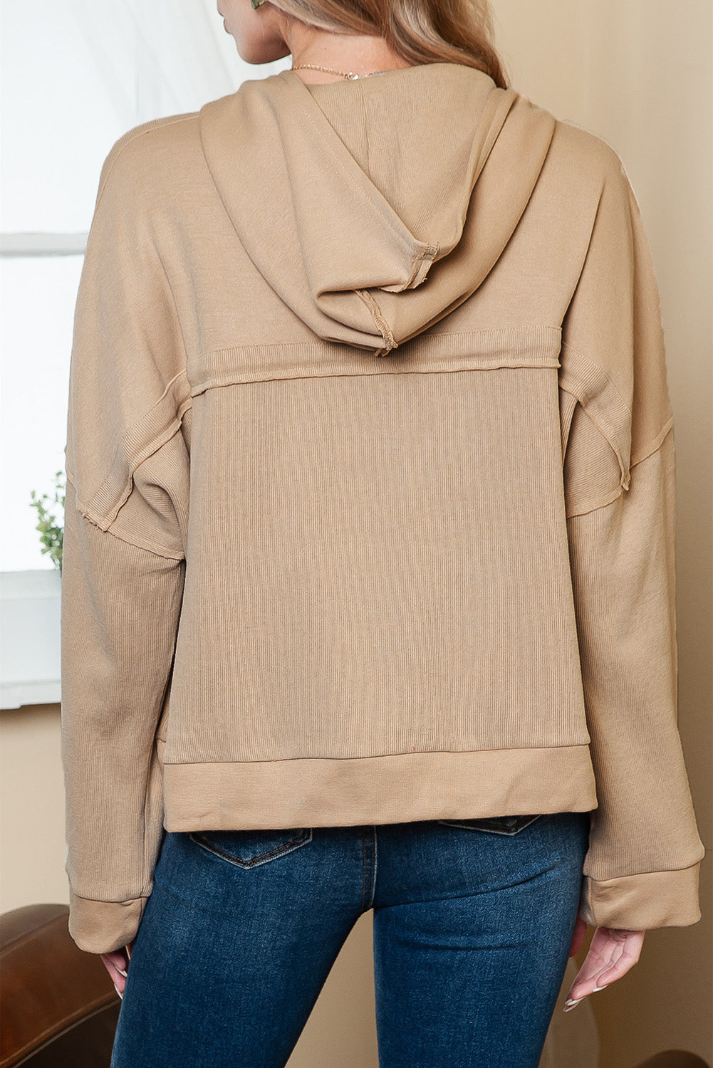 Khaki Solid Casual Button Patchwork Seam Trim Hoodie