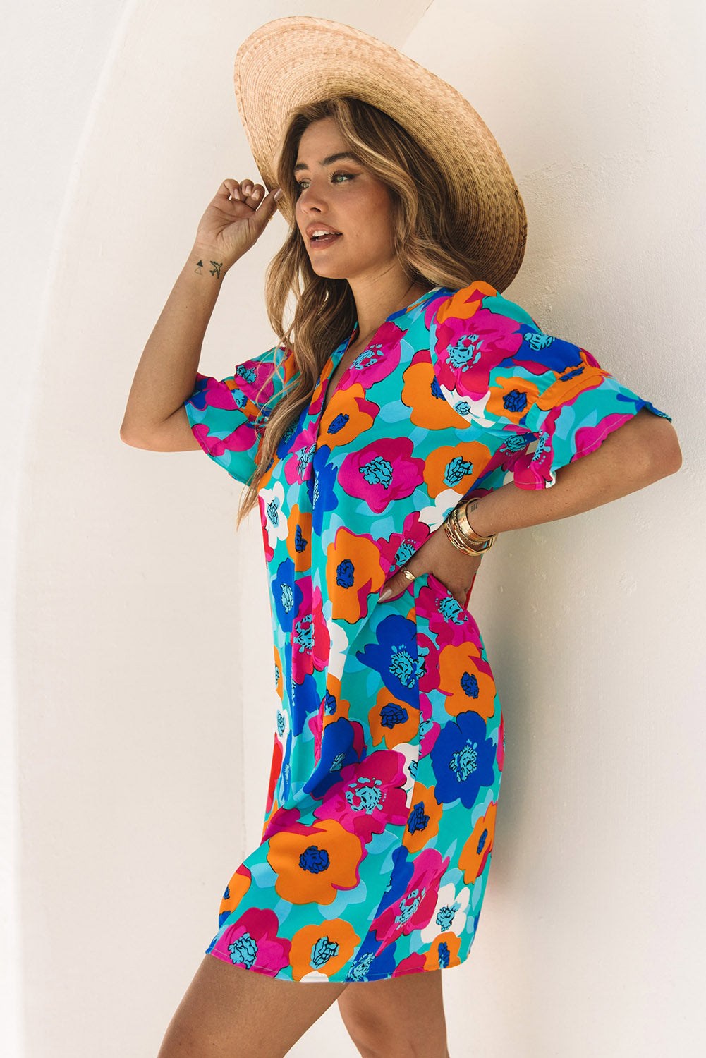 Rose Floral Print Mandarin Collar Short Sleeve Tunic Dress