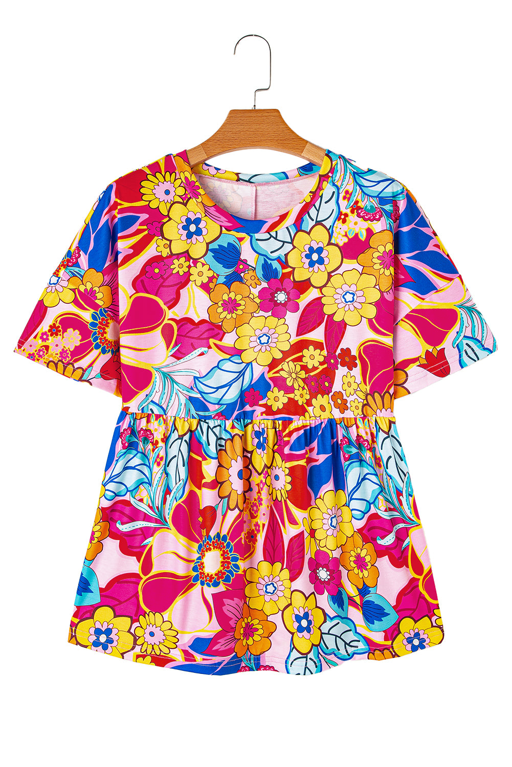 Rose Floral Print Short Sleeve Pleated Babydoll Blouse