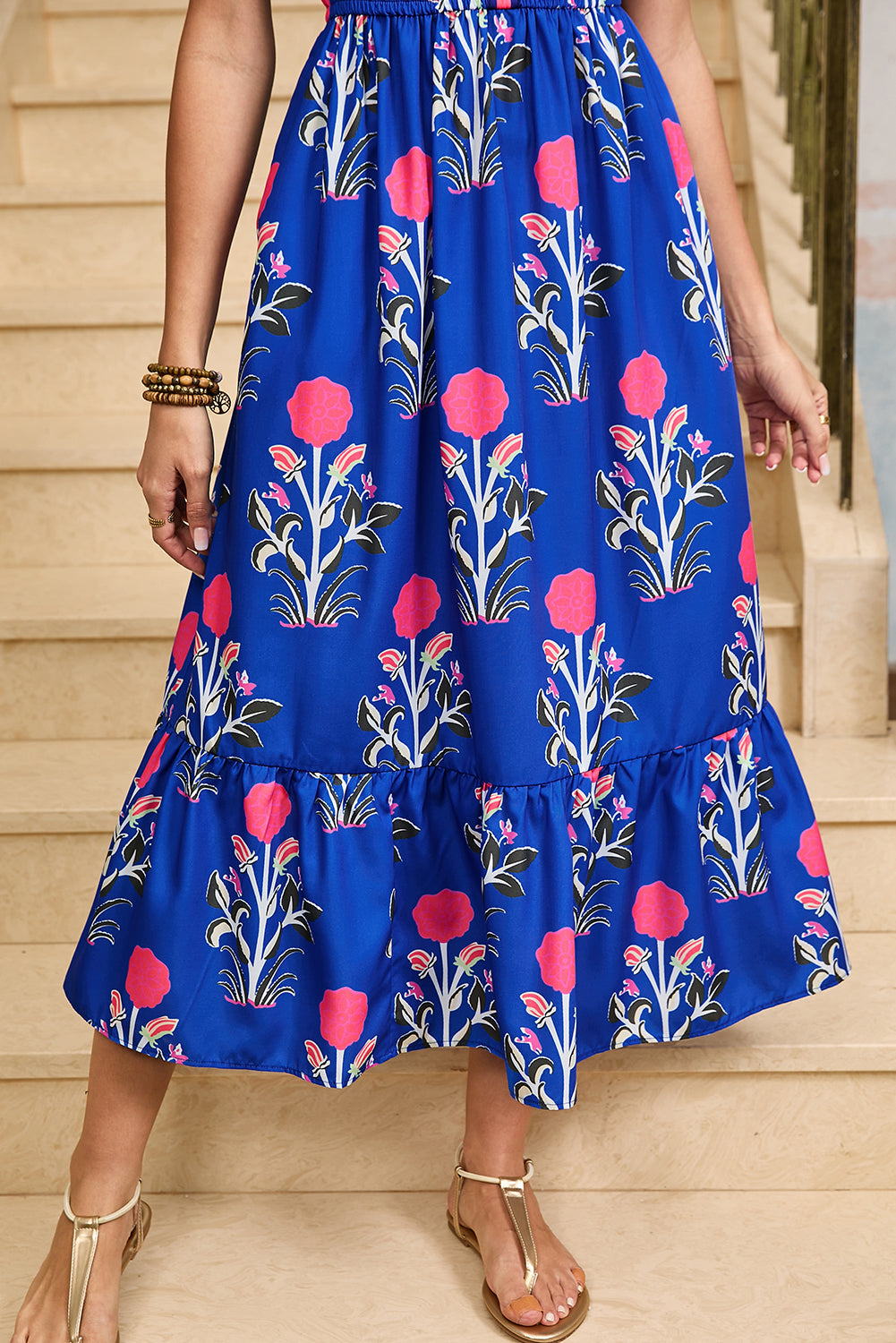 White Floral Ruffle Hem Pop of Color Neckline Dress