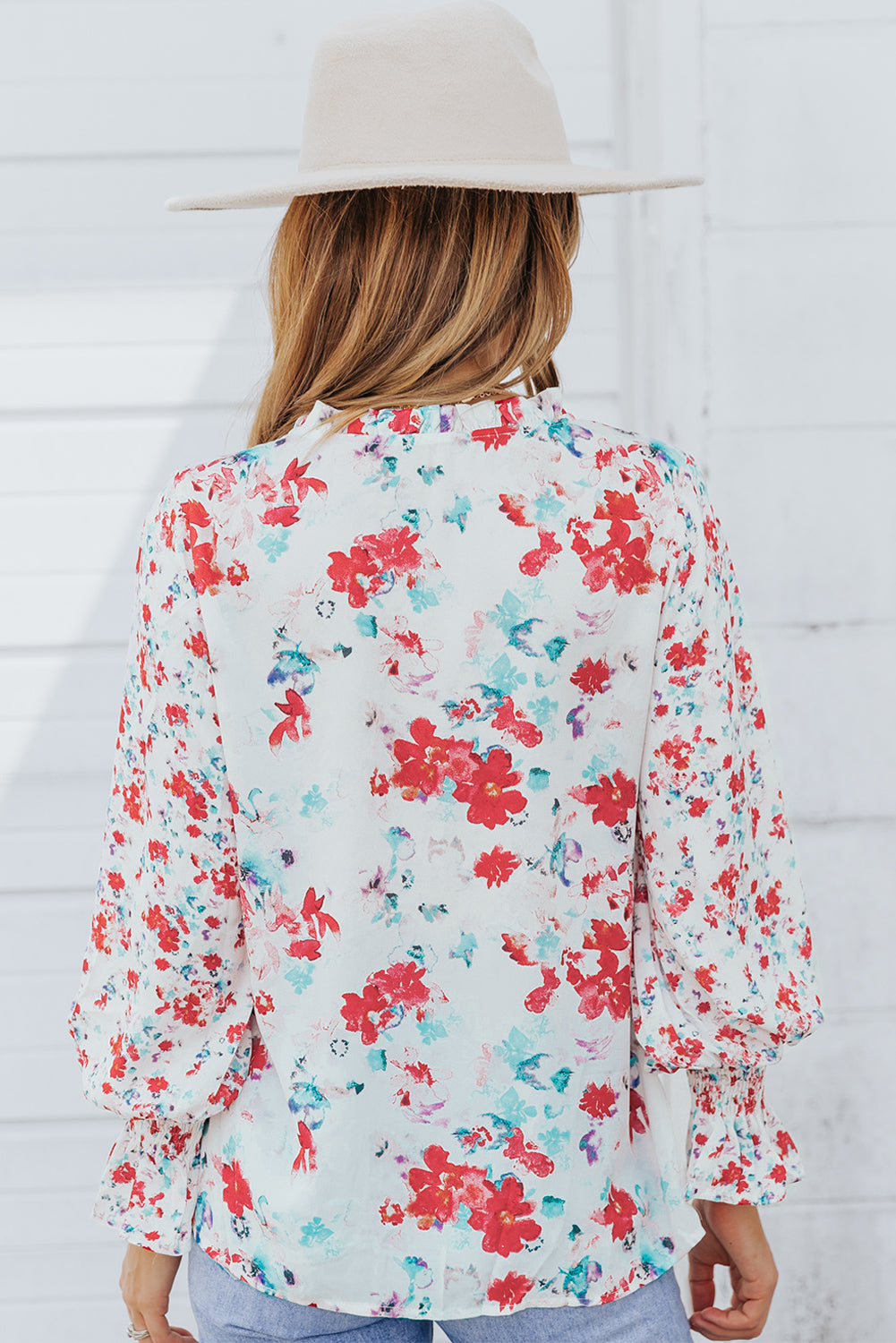Red Floral Print Boho Tie Front Long Sleeve Blouse for Women