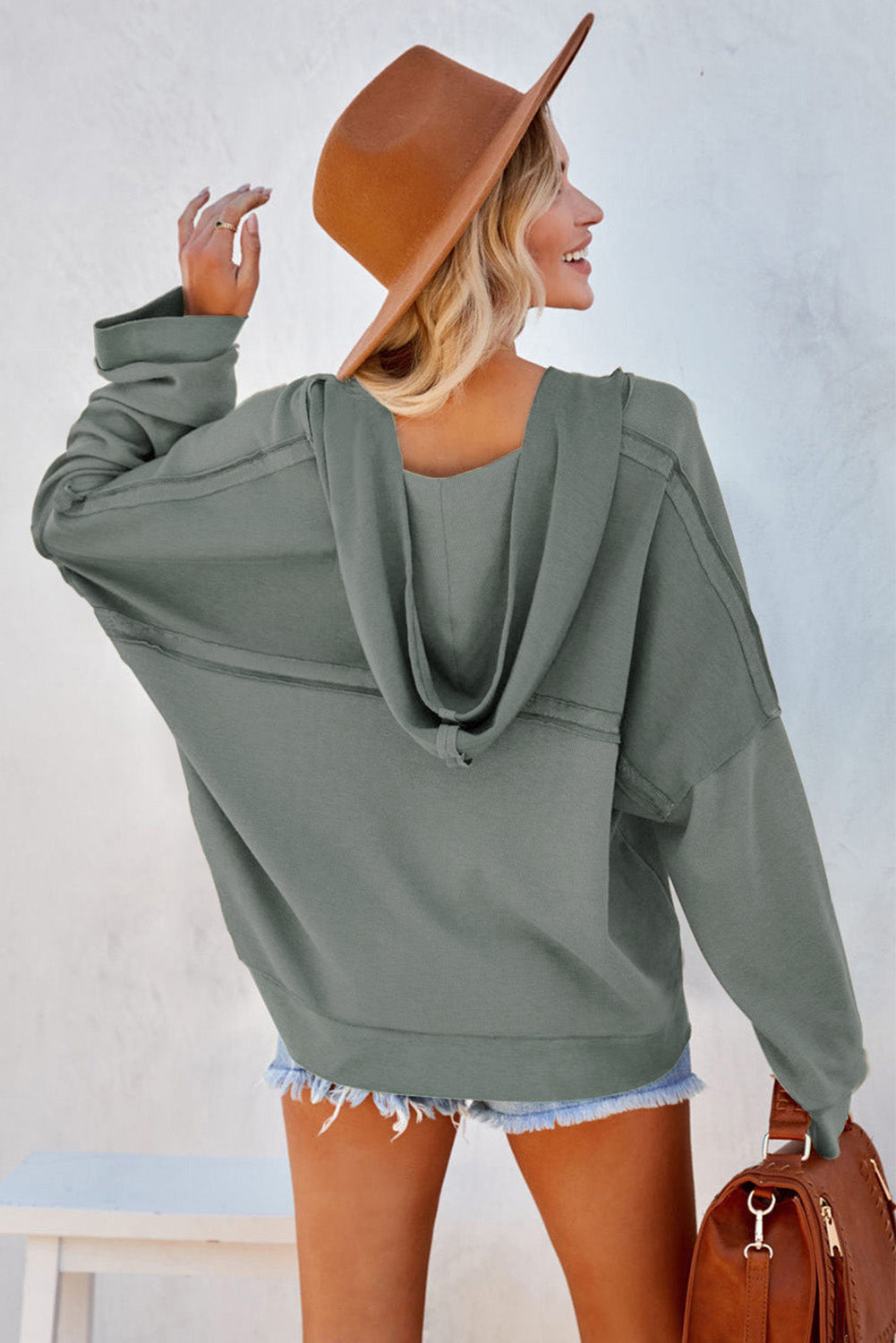 Khaki Solid Casual Button Patchwork Seam Trim Hoodie