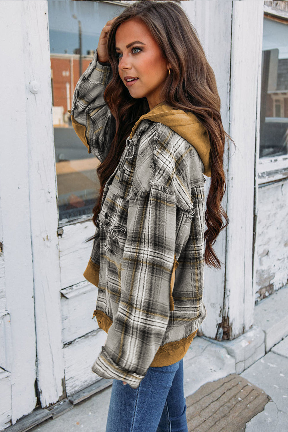 Grey Plaid Patchwork Frayed Trim Snap Button Hooded Jacket
