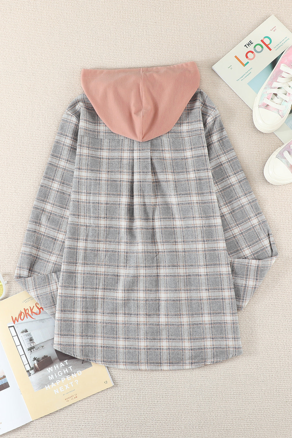 Black Plaid Drawstring Hooded Shacket