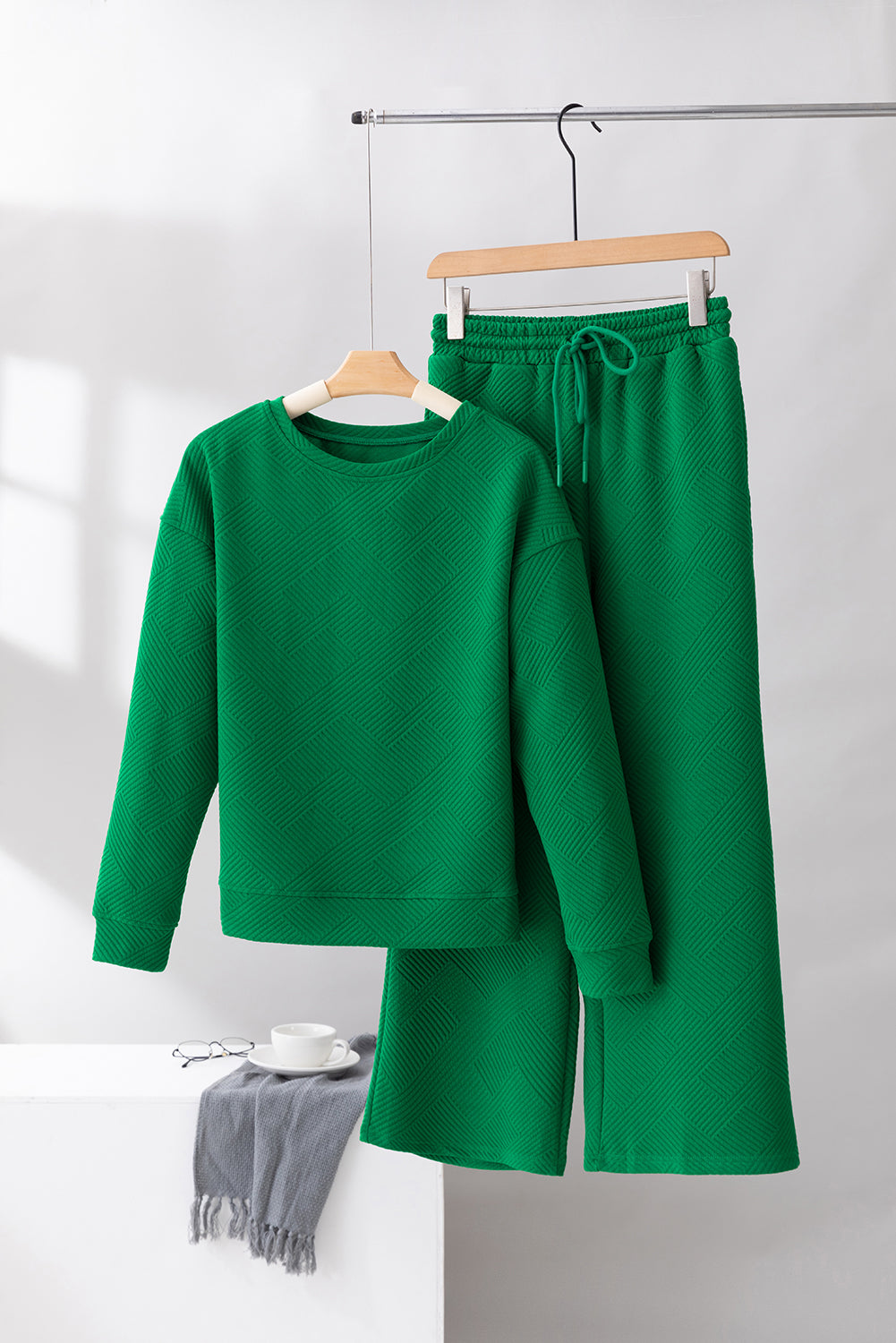 Dark Green Textured Loose Slouchy Long Sleeve Top and Pants Set