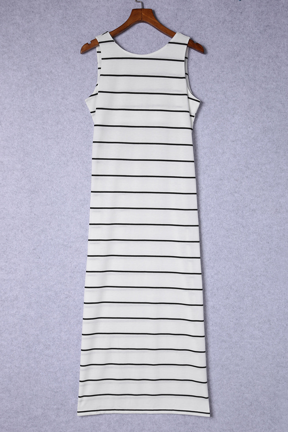White Stripe Print Open Back Sleeveless Maxi Dress With Slits