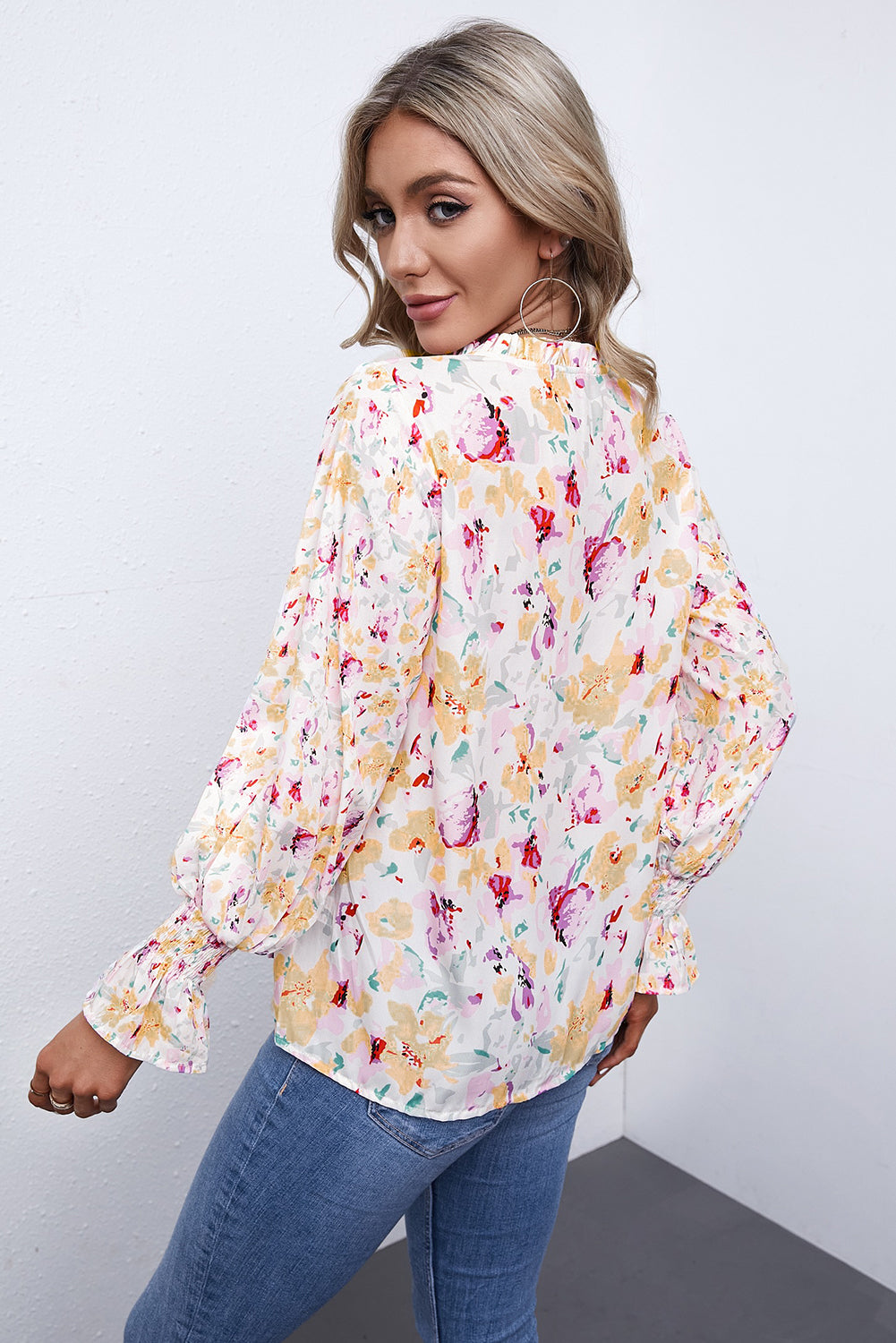 Red Floral Print Boho Tie Front Long Sleeve Blouse for Women