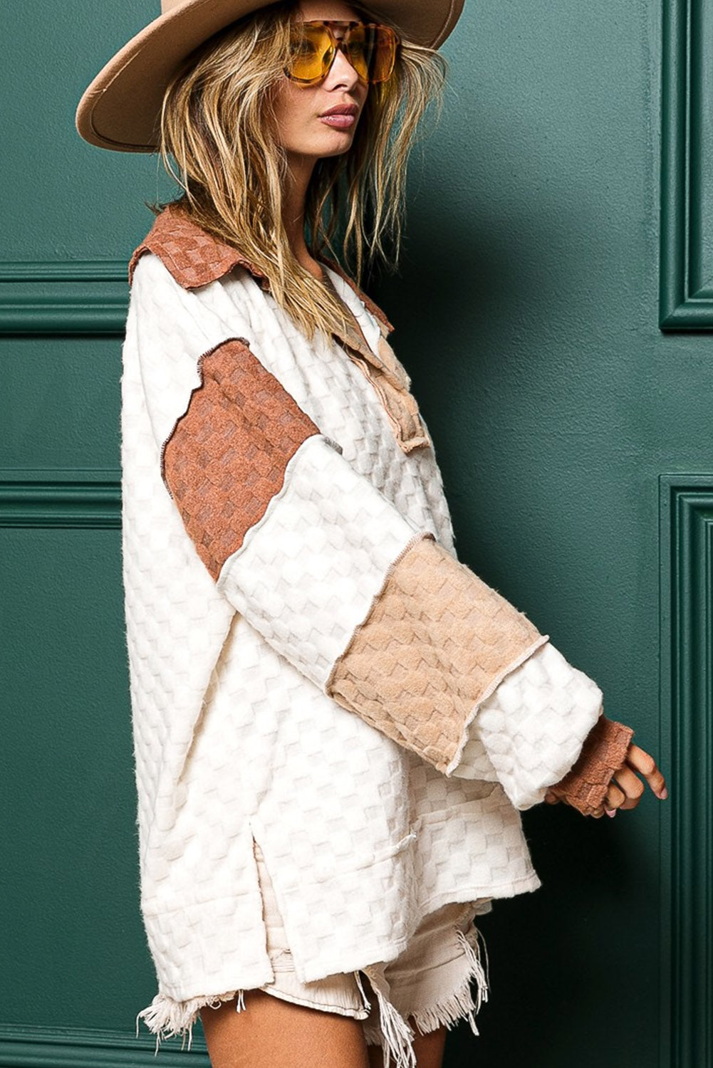 White Patchwork Lantern Sleeve Collared Top