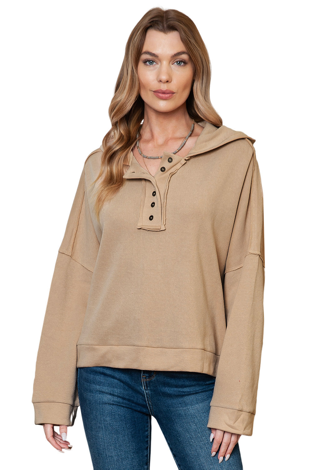 Khaki Solid Casual Button Patchwork Seam Trim Hoodie