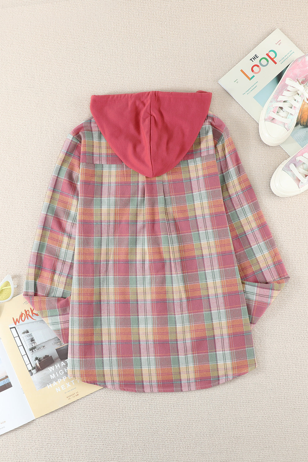 Black Plaid Drawstring Hooded Shacket