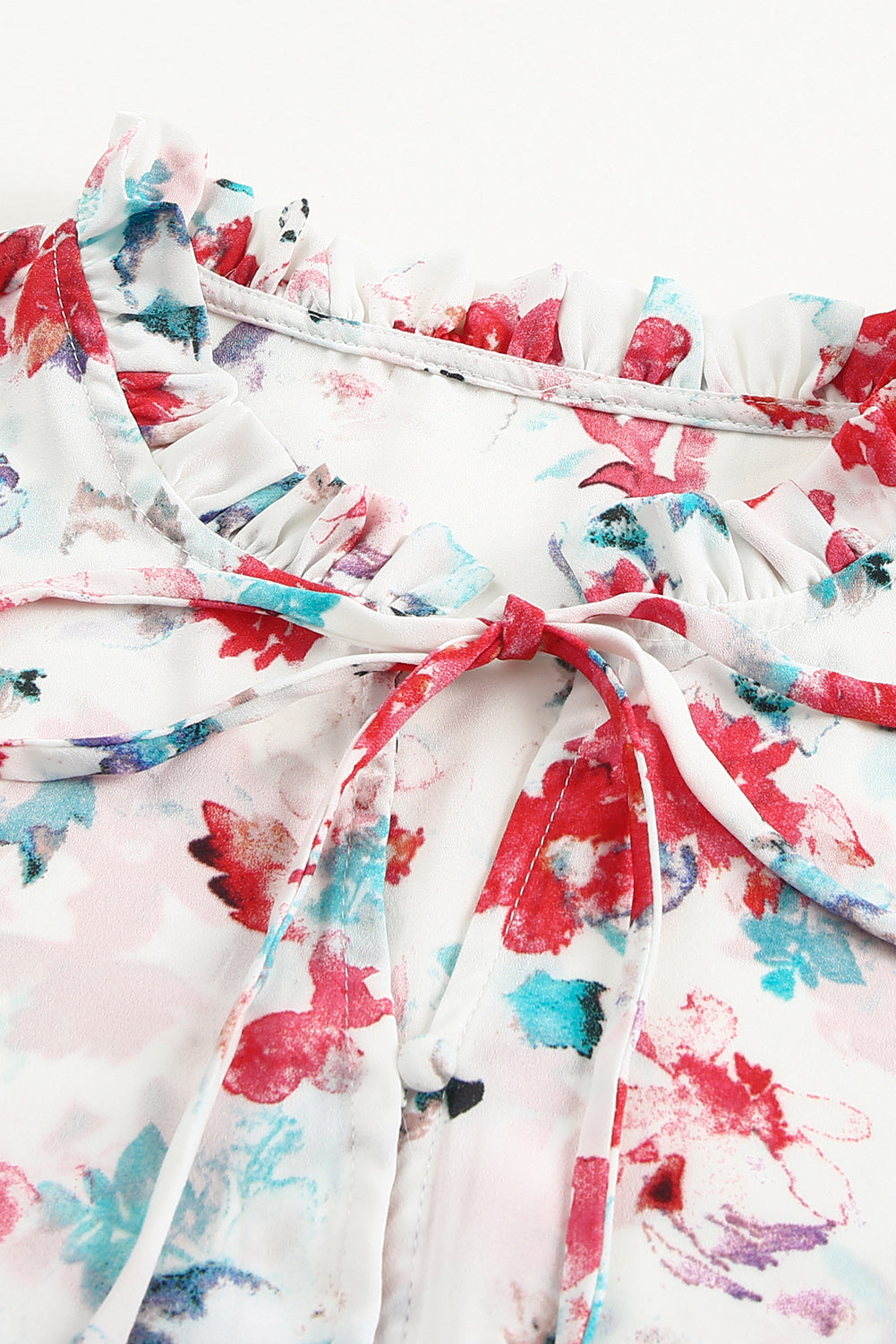 Red Floral Print Boho Tie Front Long Sleeve Blouse for Women