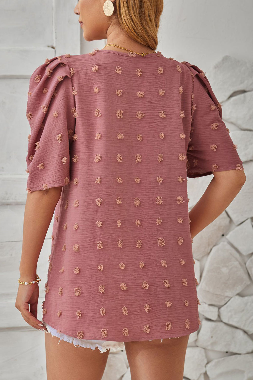Rose Pink Swiss Dot Jacquard Puff Sleeve Blouse