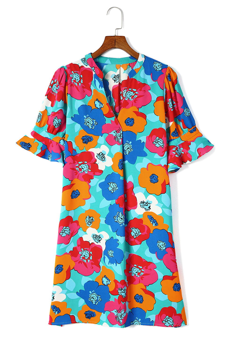 Rose Floral Print Mandarin Collar Short Sleeve Tunic Dress