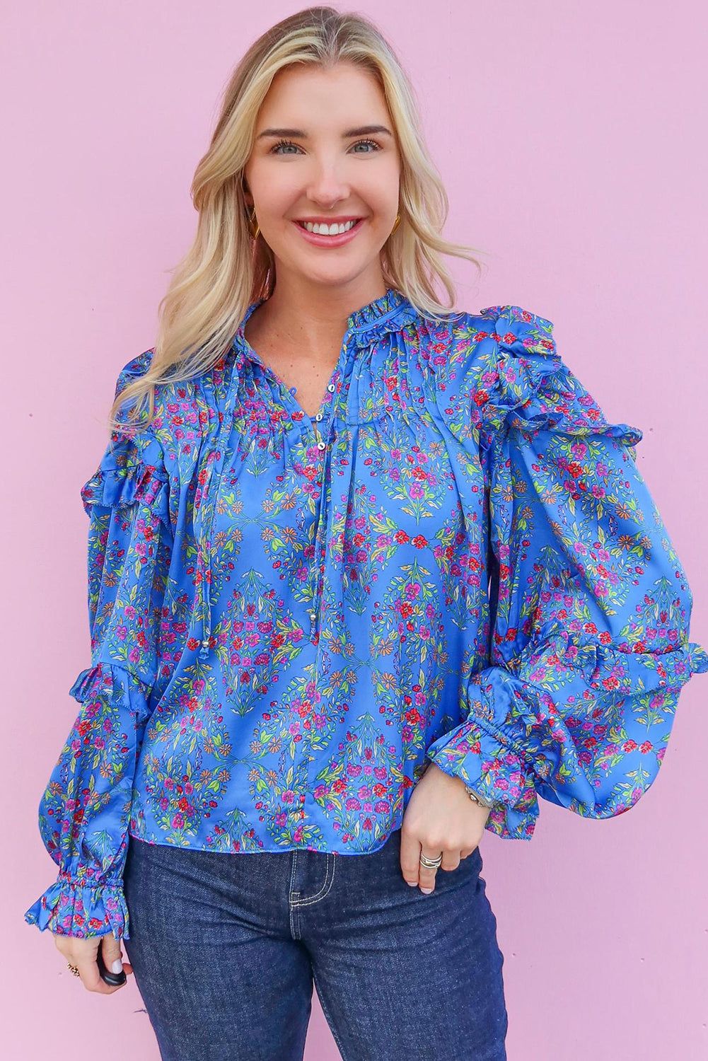 Blue Frill V Neck Ditsy Floral Print Pleated Blouse