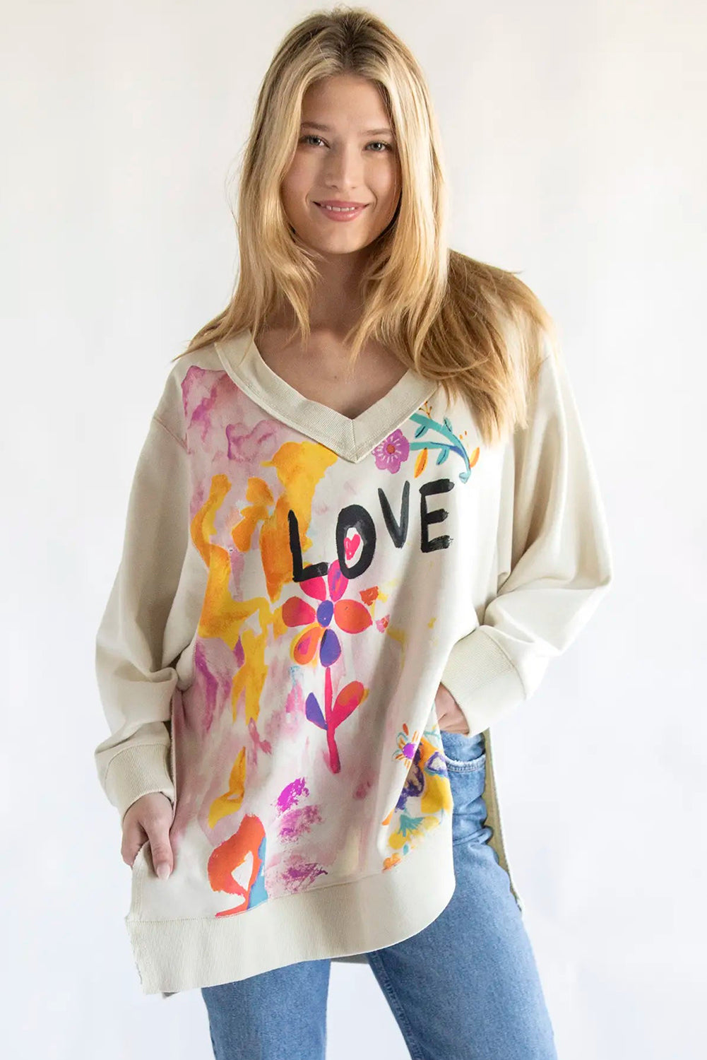 White Cute Letter Print V Neck Long Sleeve Blouse