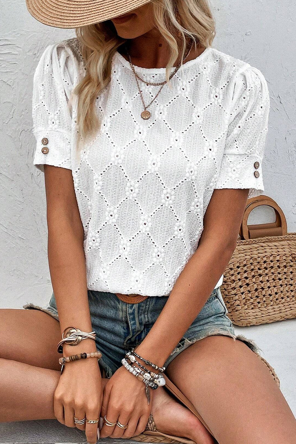 White Eyelet Embroidered Short Puff Sleeve Blouse