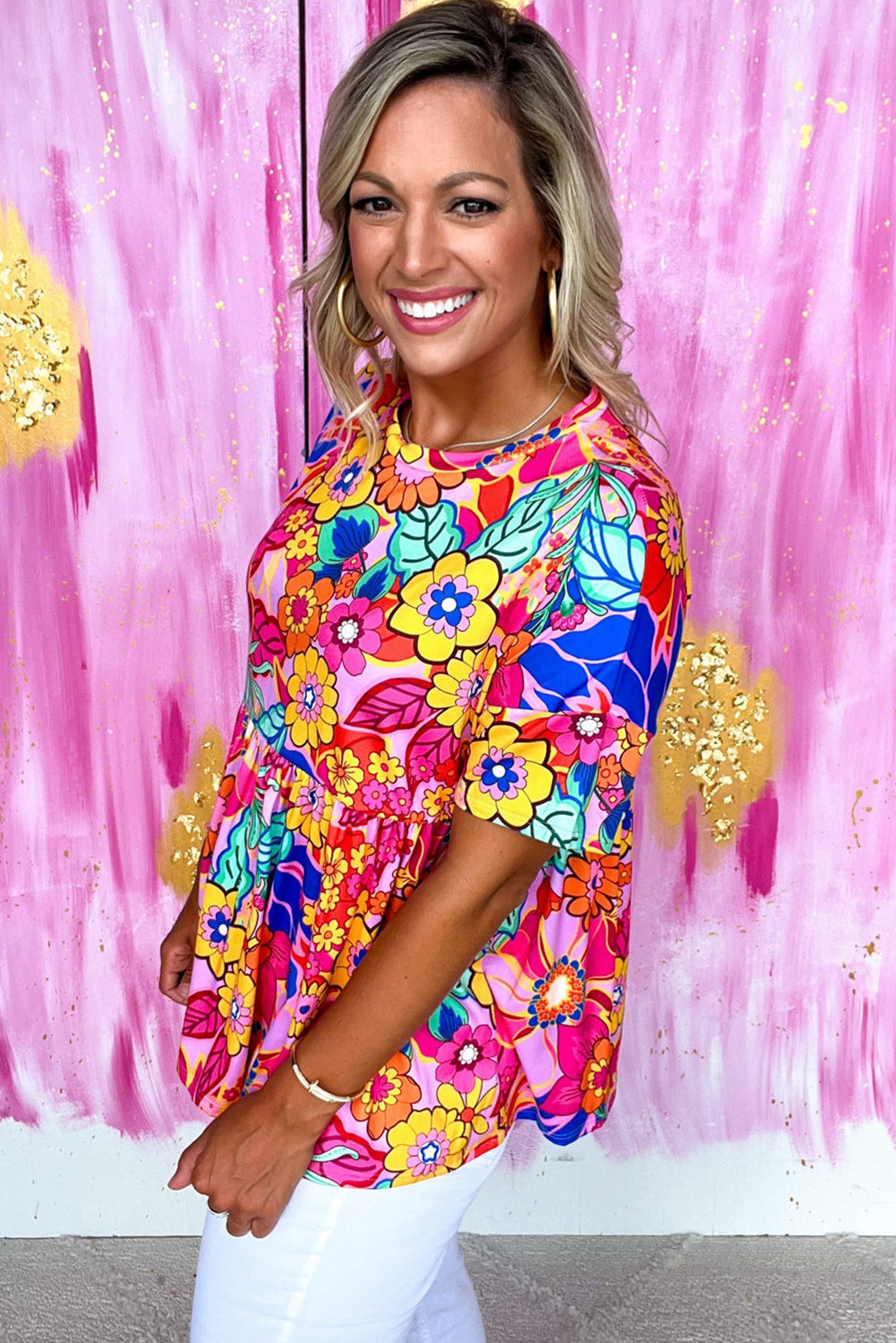Rose Floral Print Short Sleeve Pleated Babydoll Blouse