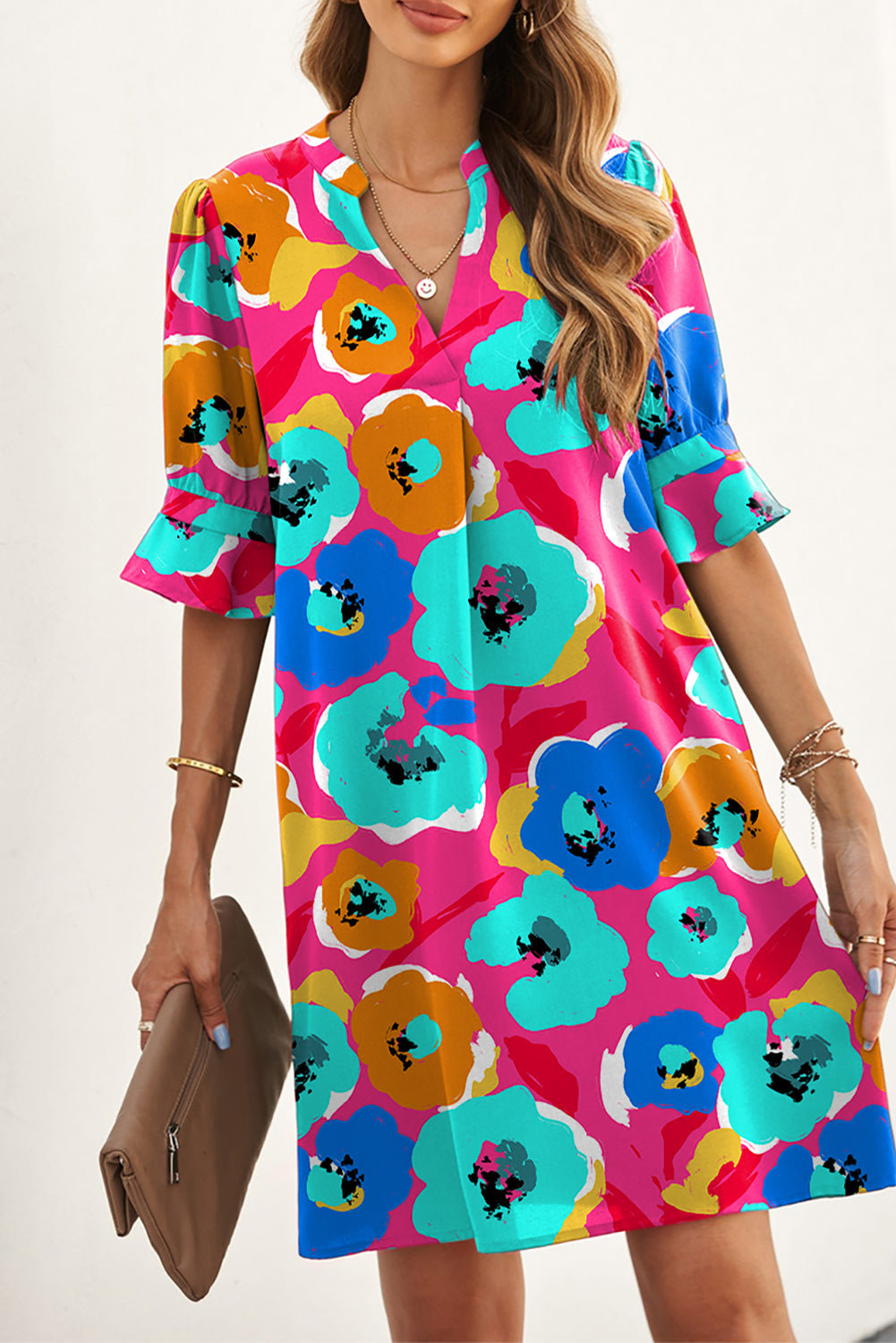 Rose Floral Print Mandarin Collar Short Sleeve Tunic Dress