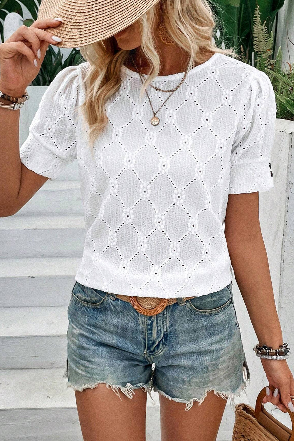 White Eyelet Embroidered Short Puff Sleeve Blouse