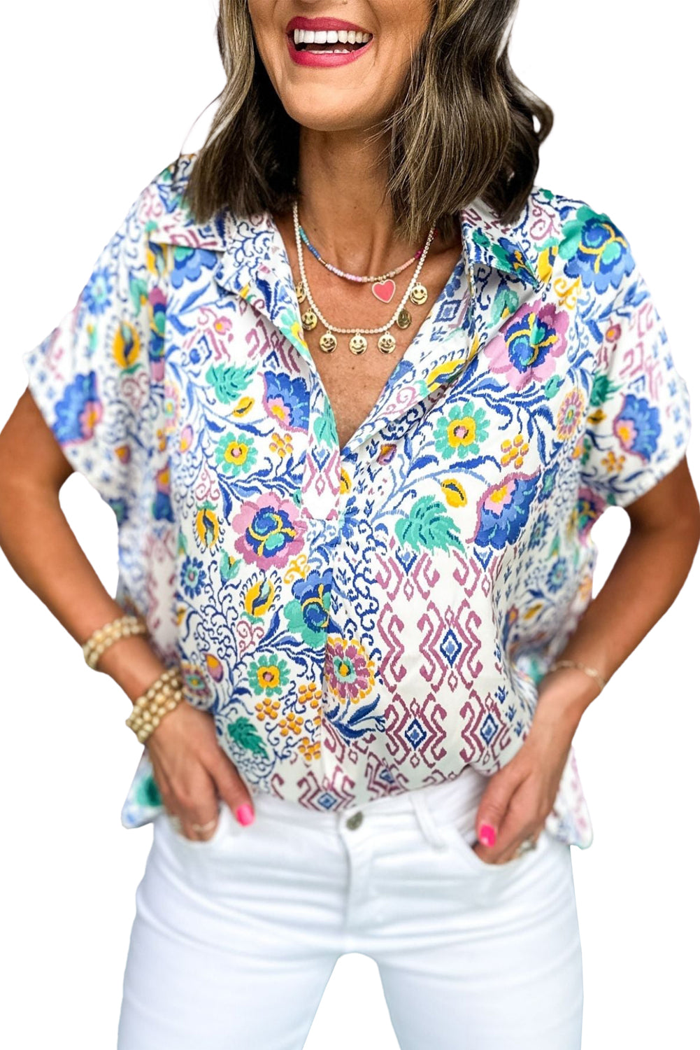 Light Blue Mixed Floral Print Collared Dolman Blouse