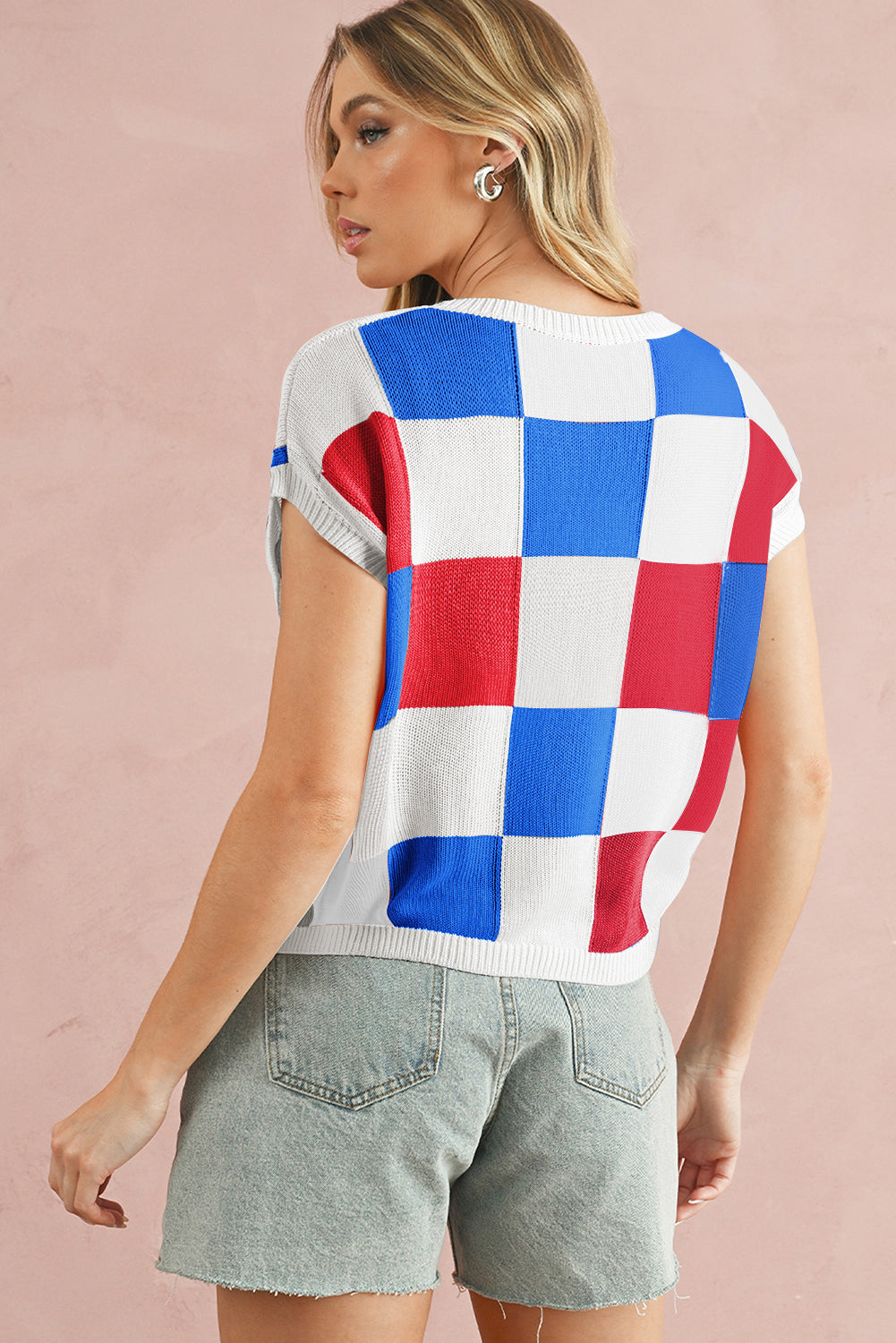 White Checkered Color Block Cap Sleeve Knitted Top