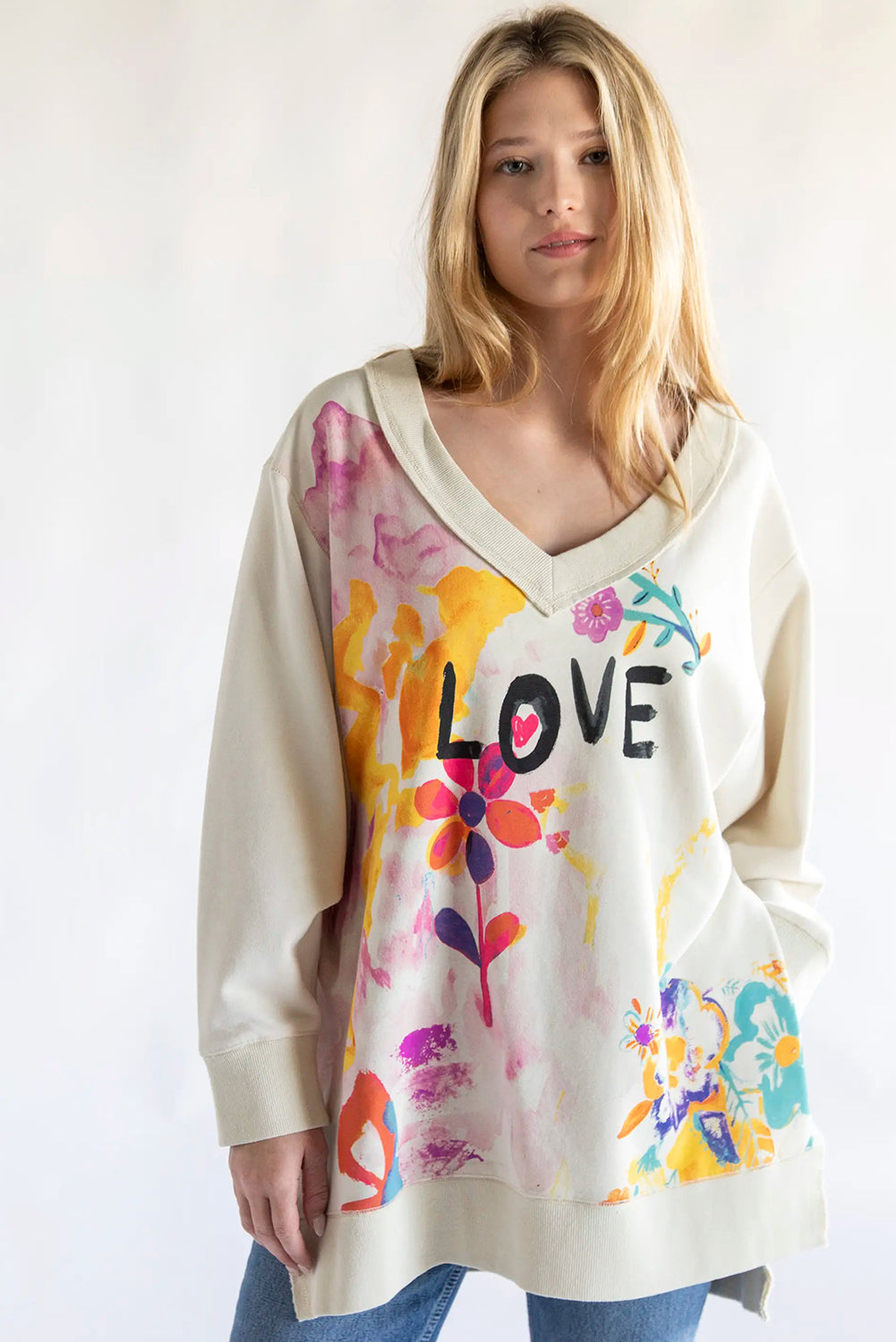 White Cute Letter Print V Neck Long Sleeve Blouse