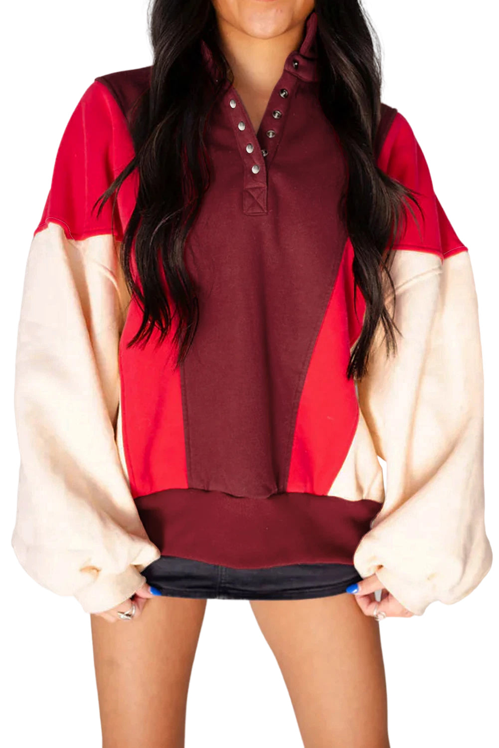 Fiery Red Colorblock Patchwork Oversized Sweatshirt - Kustom Kreations Goods