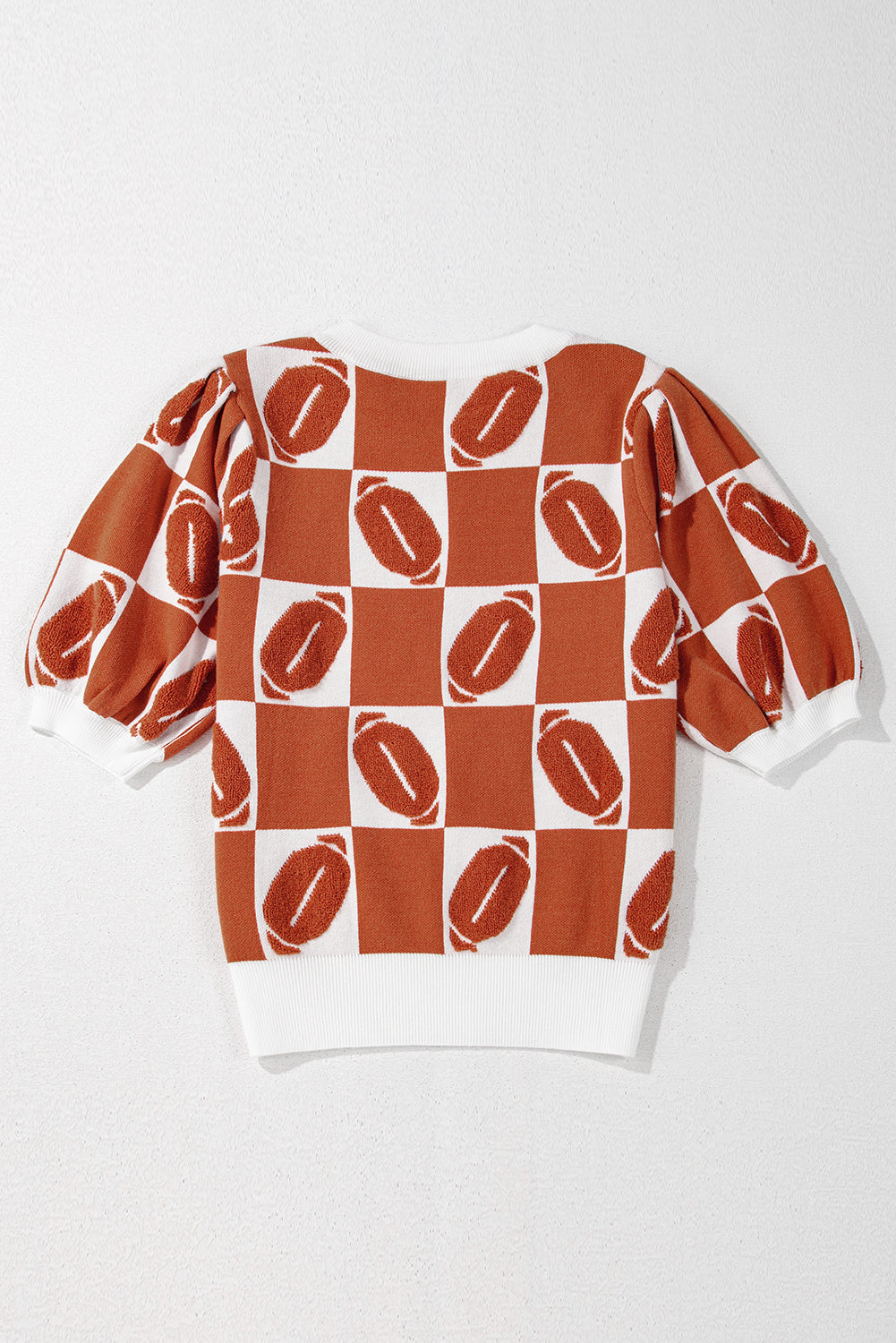 Red Rugby Checkered Color Block Puff Sleeve Knit Top