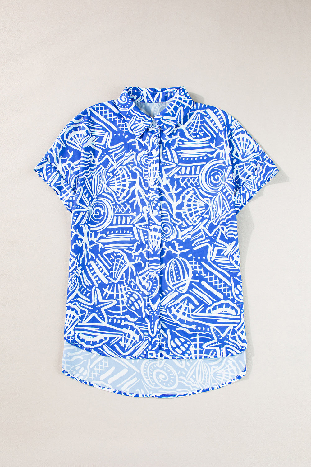 Blue Abstract Print Cuffed Sleeve Button Up Blouse